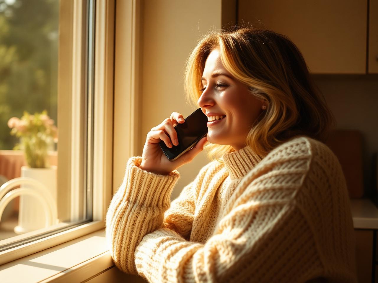 A woman on a sunlit phone call with Haven