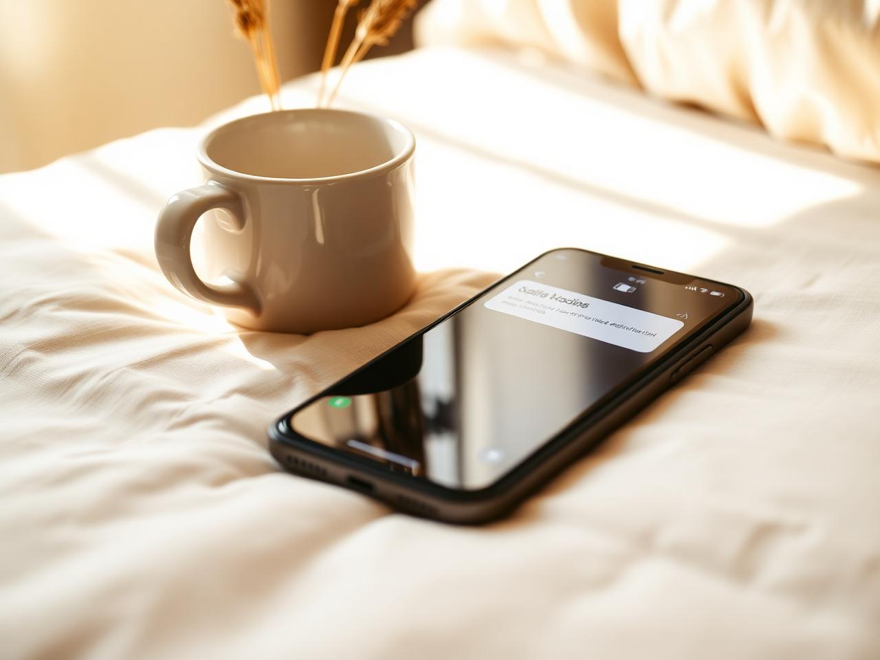 A phone on a linen bedside table glowing with an incoming note from Haven